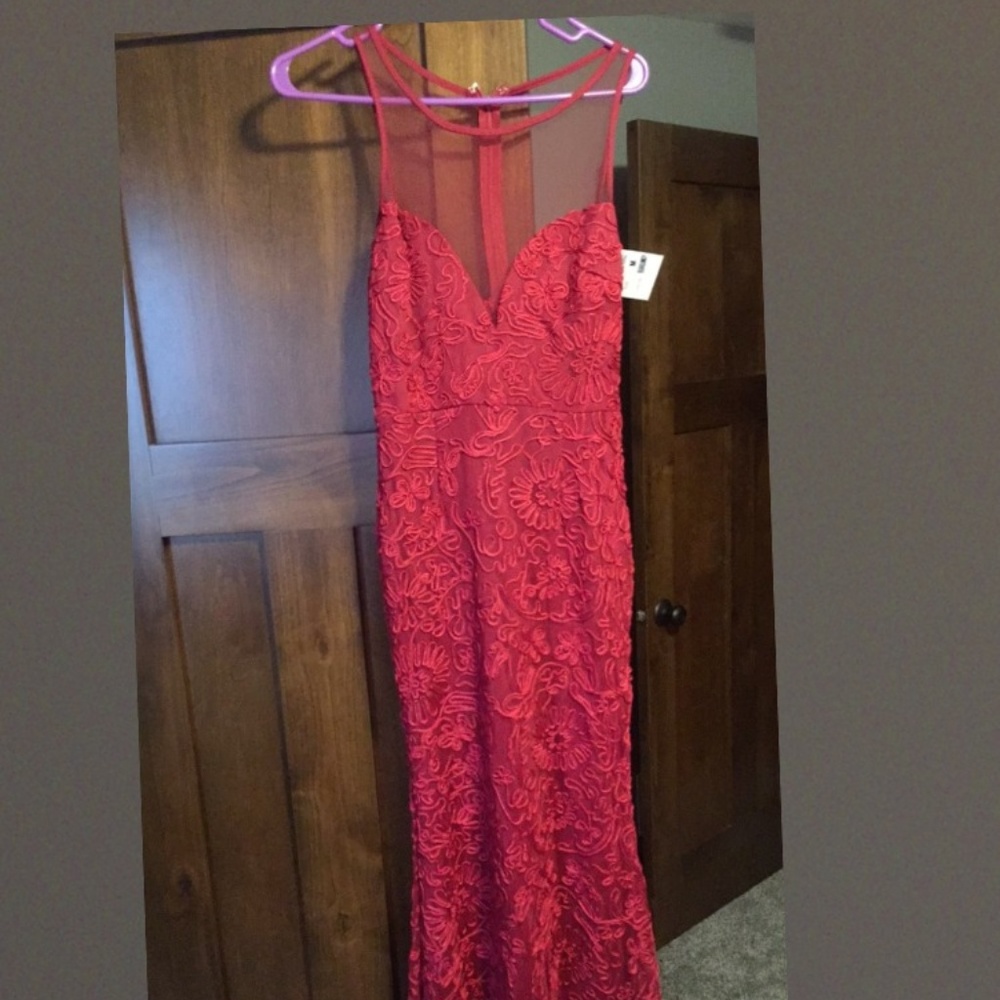 Burgundy (RED) Maxi Dress with Mesh/Lace Detail